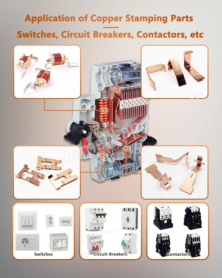 Application of Pure Copper Sheet Metal Stamping Parts for Electric Relay for Switches, Circuit Breakers, and Contactors, etc Application of Pure Copper Sheet Metal Stamping Parts for Electric Relay for Switches, Circuit Breakers, and Contactors, etc